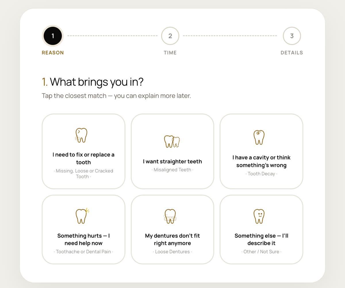 The White Oak booking page: tapping a reason, then a time, then entering a name and WhatsApp number