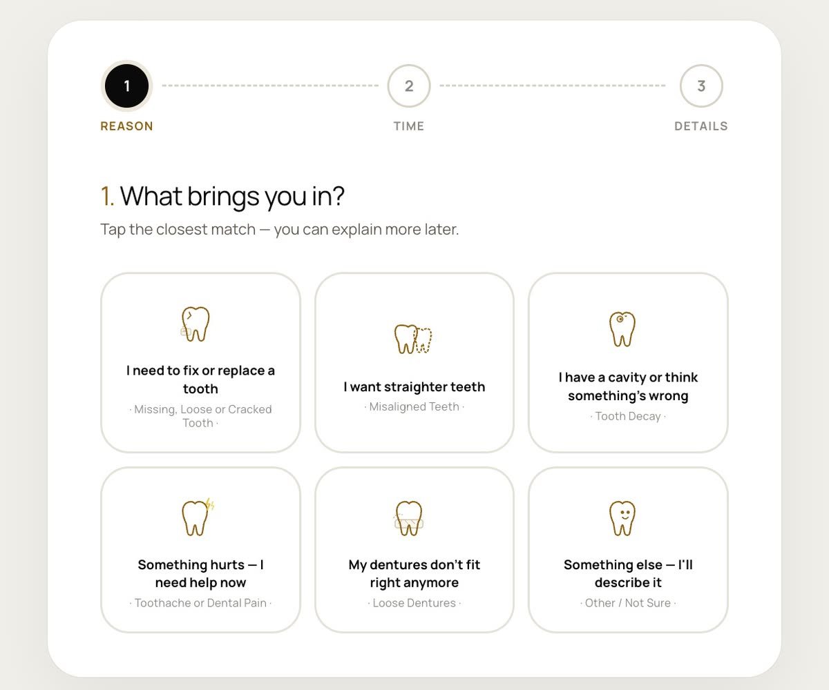 The White Oak booking page: tapping a reason, then a time, then entering a name and WhatsApp number