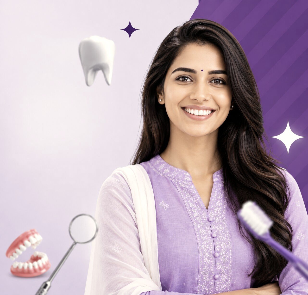 A patient smiling, with dental objects arranged around her